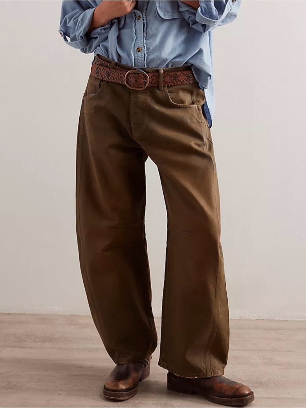 Free People Good Luck Mid Rise Coated Barrel Jeans New Moon Brown